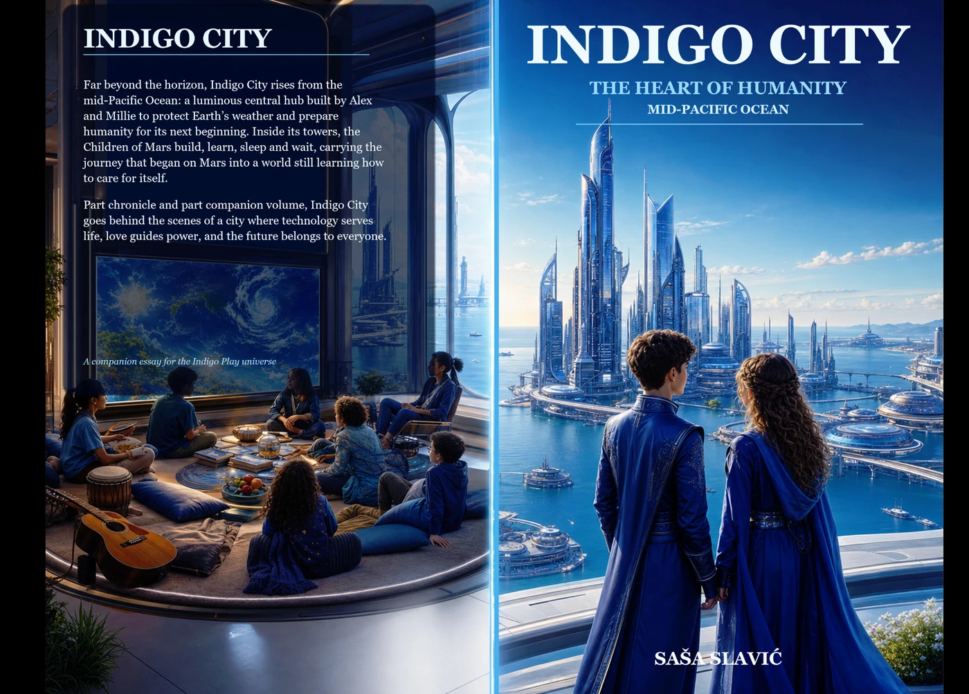 Complete wrap cover for Indigo City: The Heart of Humanity in the Mid-Pacific Ocean