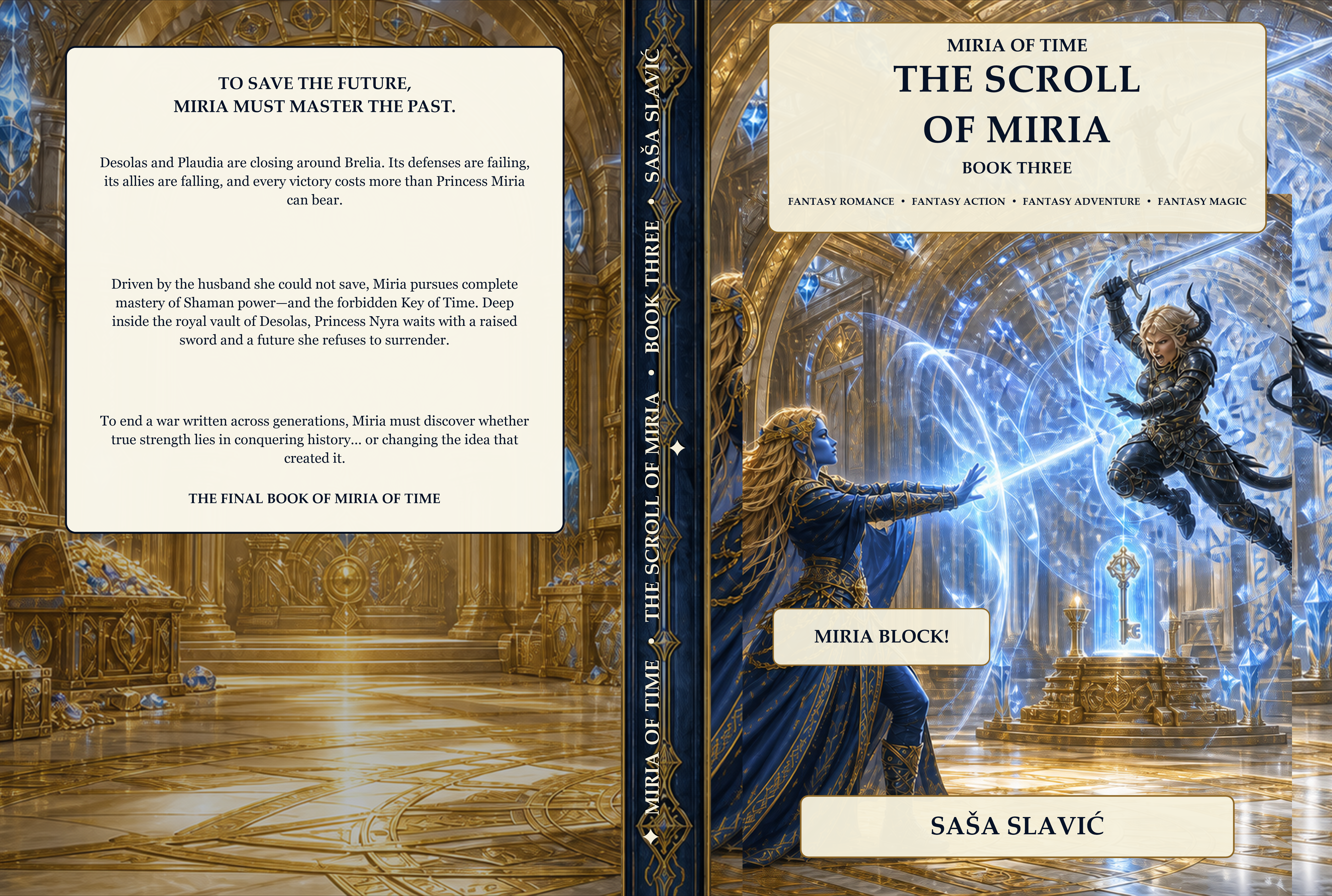Complete 7 by 10 cover wrap for The Scroll of Miria, Book Three of the Miria of Time Trilogy
