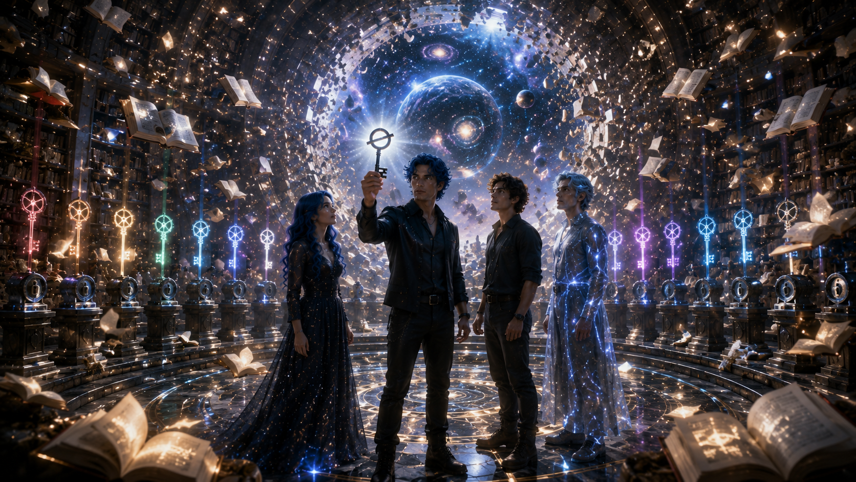 Alex, Millie and companions inside a cosmic archive surrounded by illuminated keys and flying books.