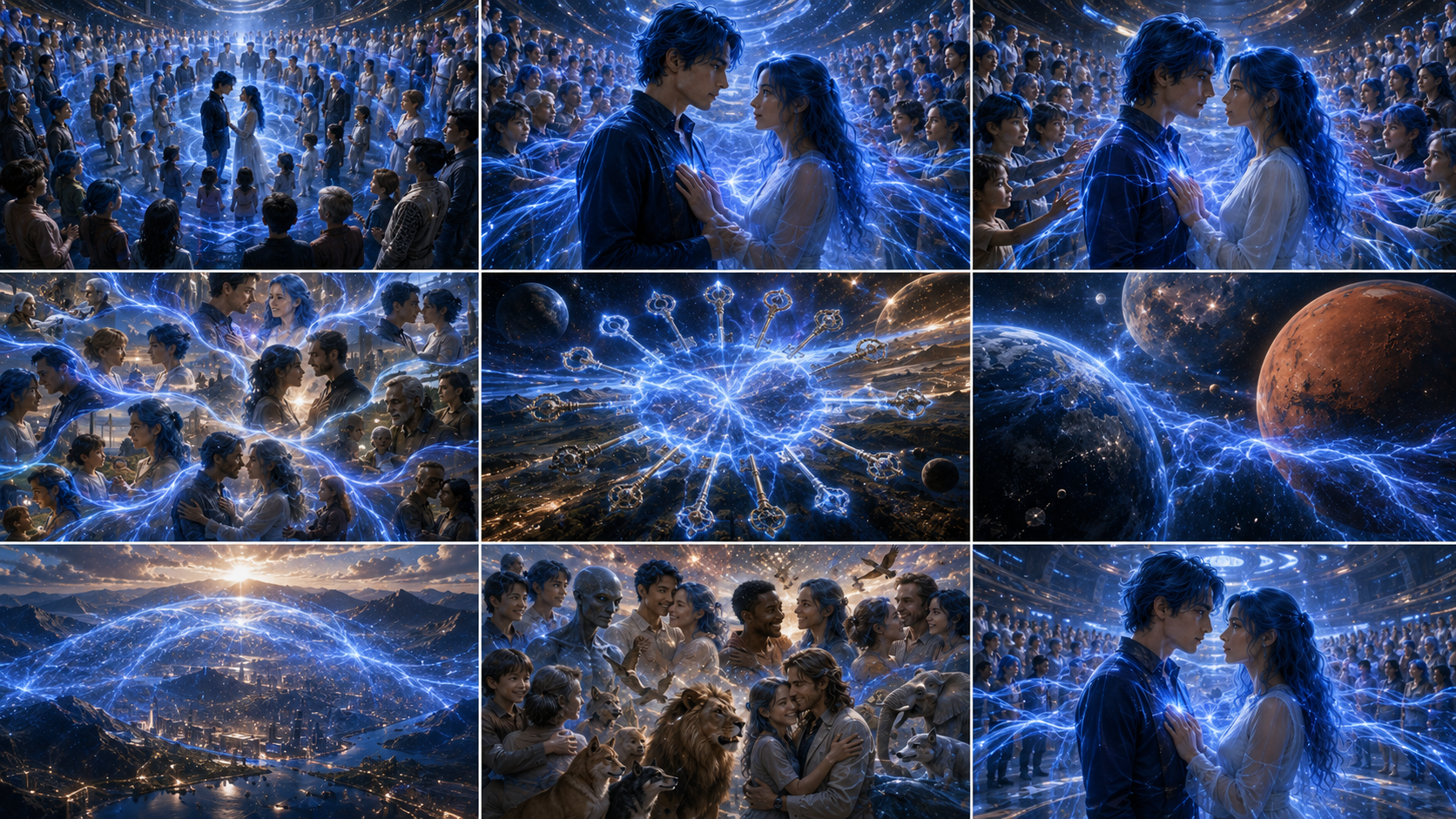 A final montage of Alex and Millie, reunited families, keys, worlds and luminous connections spreading across creation.