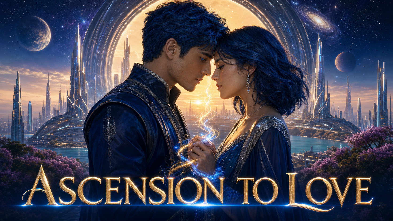 Ascension to Love cinematic title artwork showing Alex and Millie joined before a luminous future city.