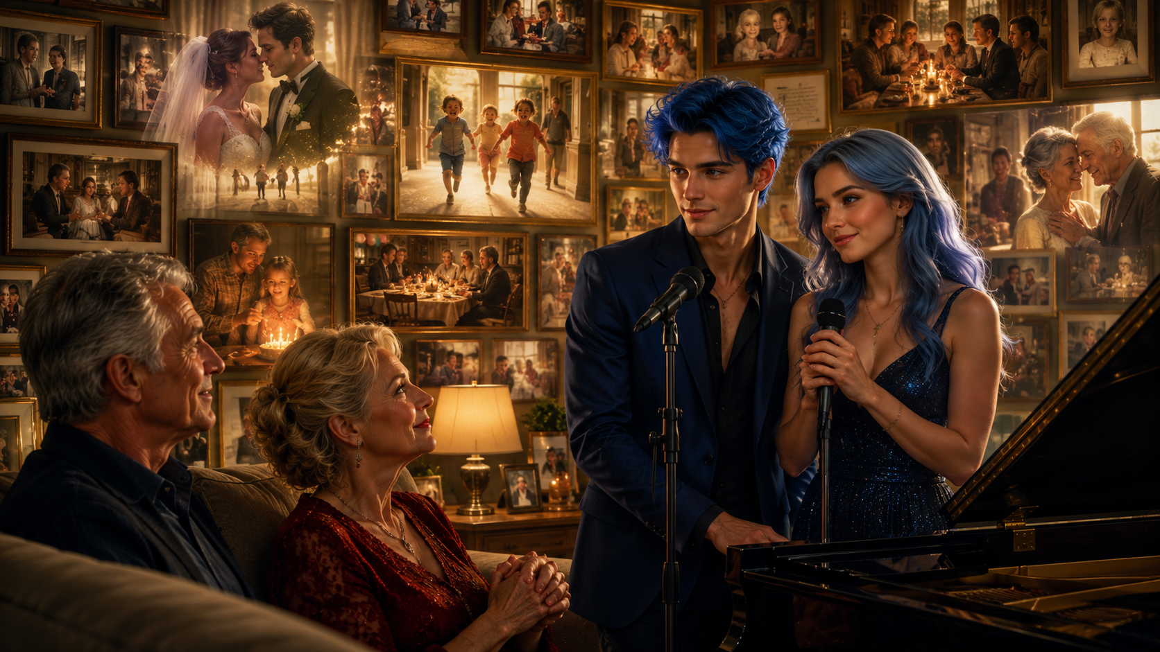 A blue-haired couple sings beside a piano as Margaret and her husband watch amid a wall of shared memories.