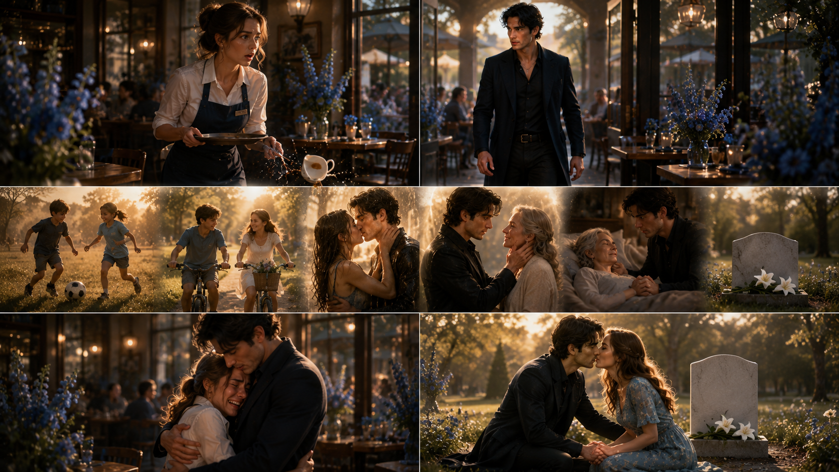 A cinematic montage of a couple meeting, growing together, aging, grieving and finding one another again.