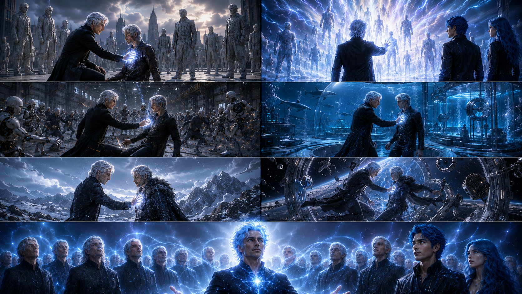 A sequence of silver-haired alternate selves confronting, merging and awakening while Alex and Millie witness the transformation.