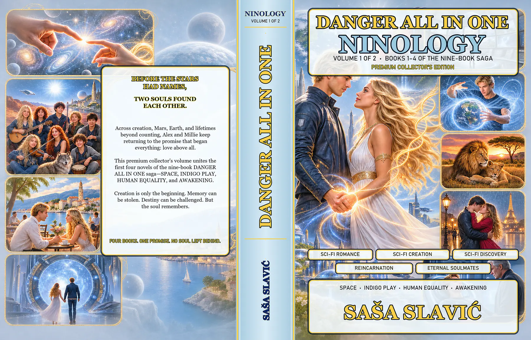 Complete light-blue back, spine, and front wrap for Ninology Volume One, Books 1–4